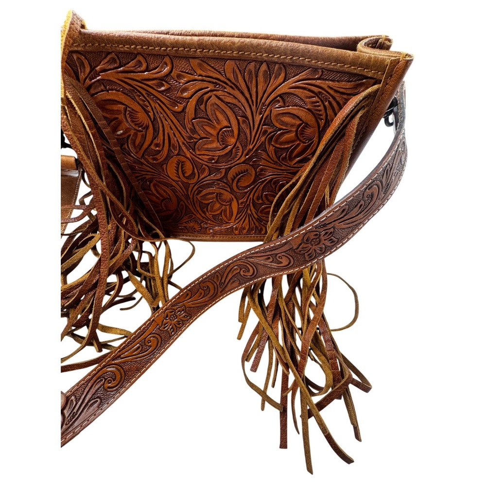 American Darling Leather Western handTooled Floral Fringe Crossbody Bag Tan Boho
